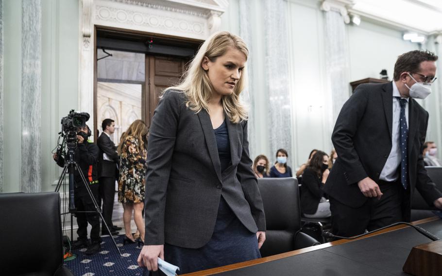 Former Facebook employee and whistleblower Frances Haugen arrives to testify during a Senate Committee on Commerce, Science, and Transportation hearing on Capitol Hill on Tuesday, Oct. 5, 2021, in Washington.