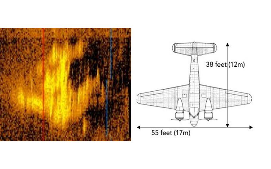 A sonar image side-by-side with Earhart’s Electra at scale.