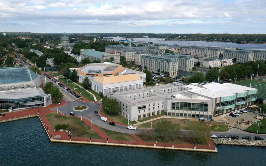 An aerial view of the U.S. Naval Academy in Annapolis, Md.