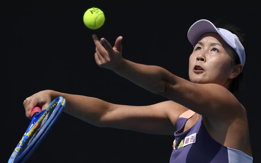 China’s Peng Shuai serves during a match in Melbourne, Australia, on Jan. 21, 2020. 