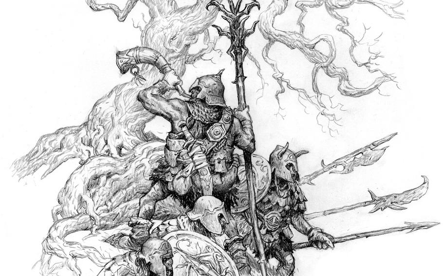 Orcs rally in an illustration from the core rule book of The Lord of the Rings Roleplaying game.