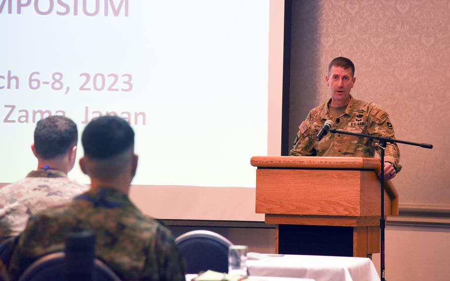 The commander of U.S. Army Japan, Maj. Gen. Joel Vowell, speaks during the Women, Peace and Security Symposium at Camp Zama, Monday, March 6, 2023.
