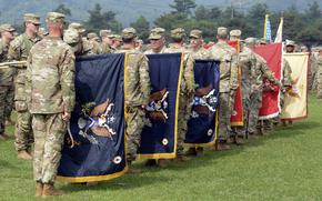 Pairs of soldiers in camouflage uniforms stand facing each other with flags held between them during a transfer ceremony on a grassy field.
