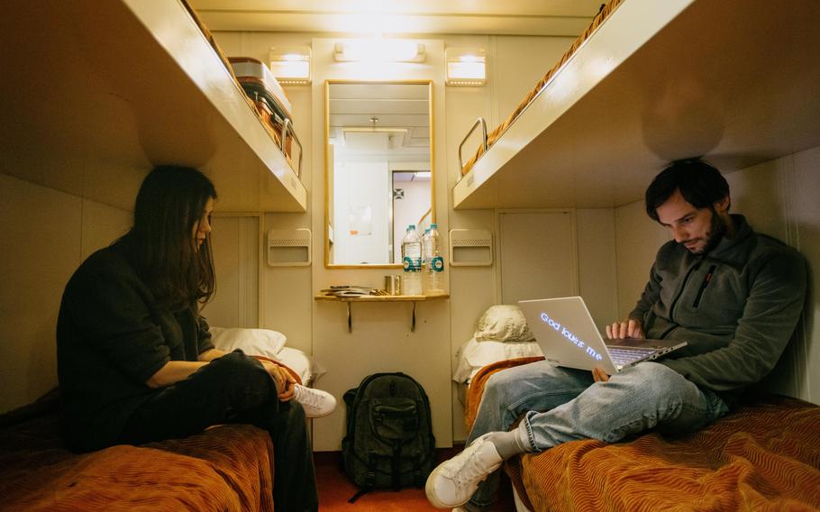 Ukrainian refugees, Liubov and Igor Lipetsky, are studying French and looking for work while living on a ferry in in the port of Marseille.