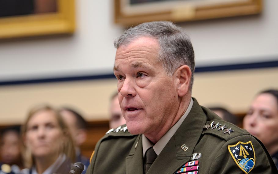 Space Command Commander Gen. James Dickinson testifies Thursday, Sept. 28, 2023, before the House Armed Services Committee regarding the irregularity in the strategic basing process for the U.S. Space Command.