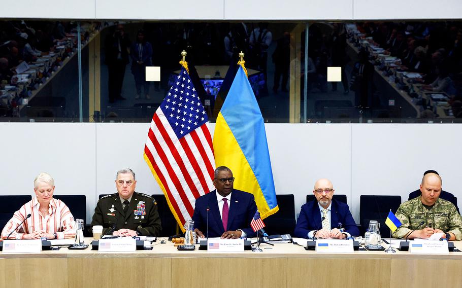 From left to right: U.S. Assistant Secretary of Defense for International Security Affairs Celeste A. Wallander, U.S. Chairman of the Joint Chiefs of Staff, General Mark Milley, U.S. Defense Secretary Lloyd Austin, Ukraine's Defence Minister Oleksii Reznikov and Ukrainian Lieutenant General Levgen Moisuk attend the Ukraine Defence Contact group meeting ahead of a NATO defence ministers' meeting at the alliance's headquarters in Brussels.