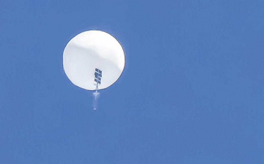 A Chinese spy balloon shortly before it was shot down over Surfside Beach, South Carolina, on Feb. 4, 2023. 