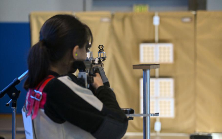 Vilseck’s Briseis Palomarez aims during the standing portion of the DODEA-Europe marksmanship championship at Ansbach Middle High School on Jan. 27, 2024.