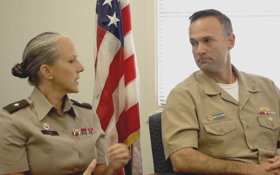 Rear Adm. Marc Williams, deputy commander of Navy Closure Task Force-Red Hill, and Brig. Gen. Michelle Link, deputy commander of Joint Task Force-Red Hill, update  the closing of Red Hill Bulk Fuel Storage Facility in Hawaii in this screenshot from a Facebook Live briefing on Jan. 17, 2024.