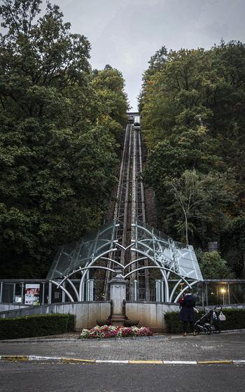 Passengers ride the funicular railway in Spa, Belgium, on Oct. 28, 2023. At the top of the hill is the health resort city’s modern bath complex, the Thermes de Spa.