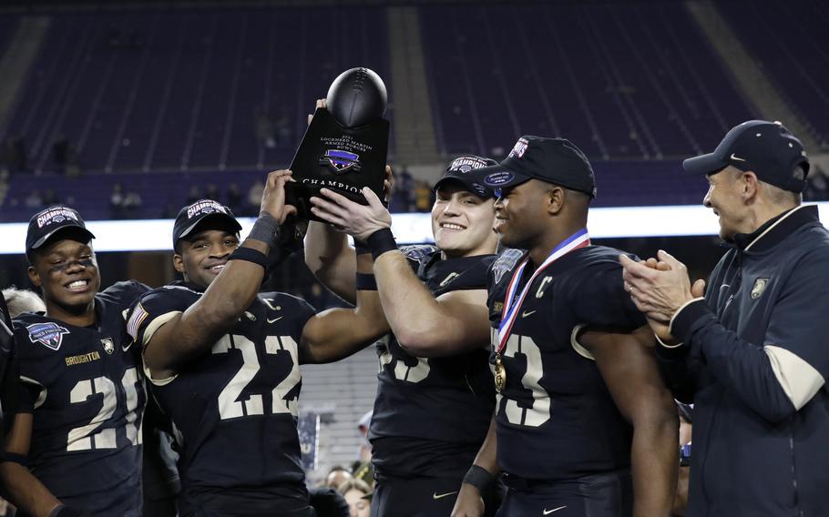 Army celebrates after a 24-22 victory against Missouri in the Armed Forces Bowl in Fort Worth, Texas, on Dec. 22, 2021.