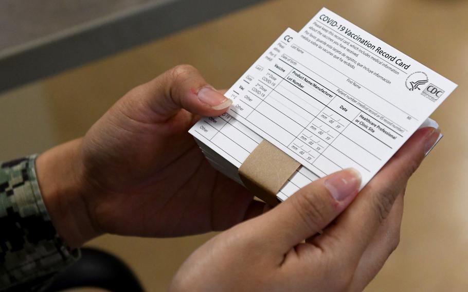 COVID-19 immunization cards are distributed to vaccine recipients following their vaccination. The U.S. Embassy says Centers for Disease Control and Prevention cards will be accepted by Italy in place of green passes, which will allow service members access to restaurants and other venues when a new Italian policy goes into effect on Aug. 6, 2021.