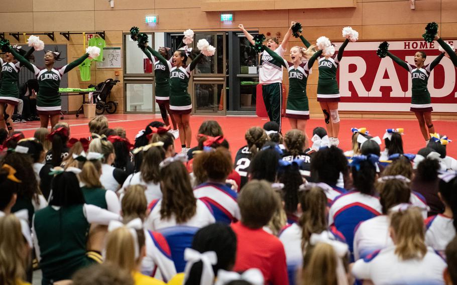 The cheer team from AFNORTH competes at the 2023 DODEA-Europe Cheerleading Championships at Kaiserslautern High School on Friday, Feb. 18. They placed first in the Division III team competition. 