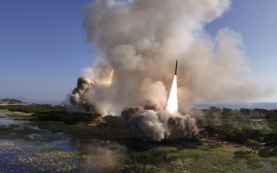 A short-range ballistic missile launches off the eastern coast of North Korea.