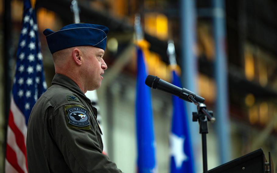 Col. Matthew Gaetke delivers his first speech as commander of the 8th Fighter Wing at Kunsan Air Base, South Korea, Wednesday, Nov. 8, 2023.
