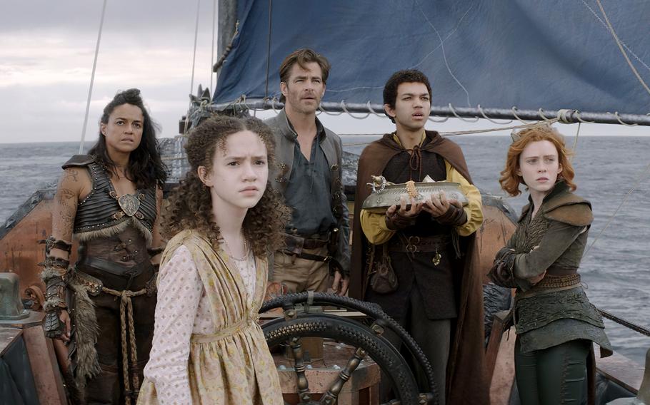 From left: Michelle Rodriguez, Chloe Coleman, Chris Pine, Justice Smith and Sophia Lillis in “Dungeons & Dragons: Honor Among Thieves.” 