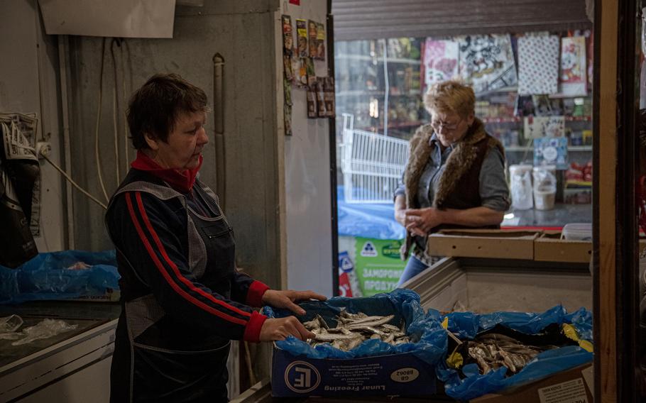 Frozen fish for sale in the Bucha market on May 5. Fish had not been available here for two months. 