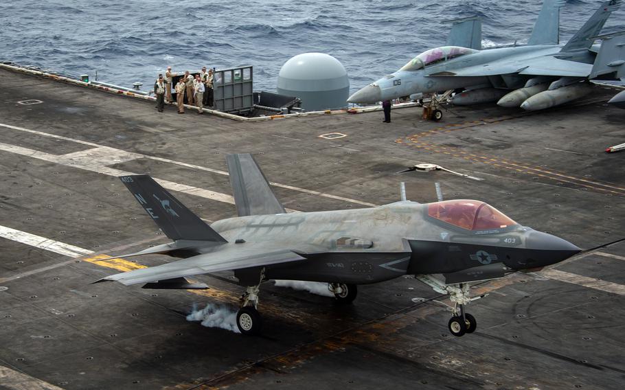 An F-35C Lightning II stealth fighter lands on the flight deck of the USS Carl Vinson in the South China Sea, Jan. 13, 2022.