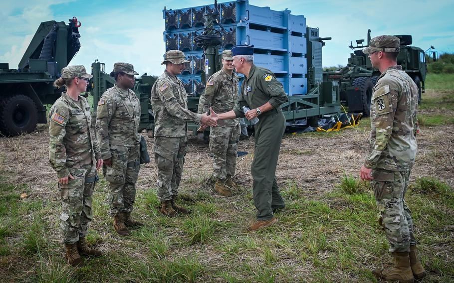 U.S. Air Force Brig. Gen. Jeremy Sloane, commander of the 36th Wing, meets with U.S. Army soldiers assigned to the 38th Air Defense Artillery Brigade, during Operation Iron Island at Site Armadillo, Nov. 17, 2021. The purpose of Operation Iron Island was to test the Iron Dome, an effective, truck-towed, multi-mission mobile air defense system developed by Rafael Advanced Defense Systems. The system was deployed by the Israeli Air Force in March 2011 to defend against rockets and short range missiles. 
