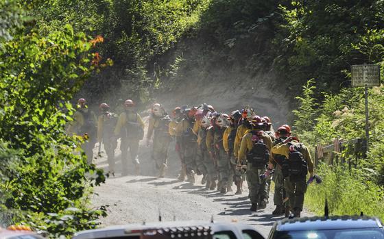 Firefighters walk in single file up a mountain road.