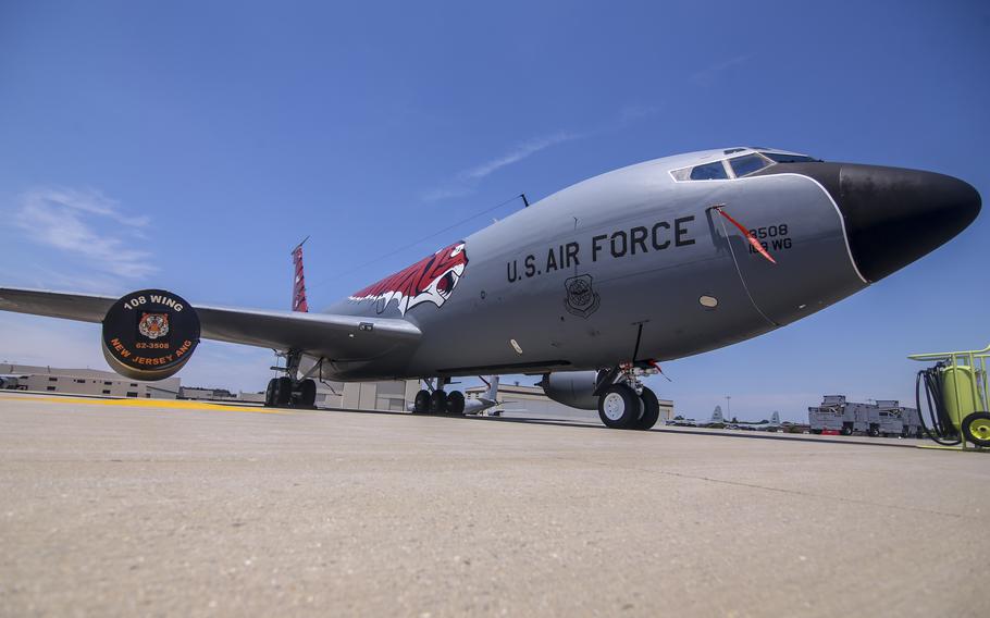 A U.S. Air Force KC-135 Stratotanker from the New Jersey Air National Guard’s 108th Wing sits on the flight line at Joint Base McGuire-Dix-Lakehurst, N.J., June 22, 2017. The KC-135R is decorated in a special tiger configuration celebrating the 141st’s 100th anniversary.