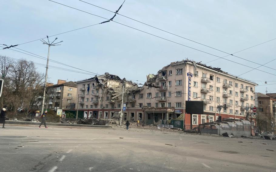 A hotel destroyed in a Russian attack in Chernihiv, Ukraine, in March 2022.