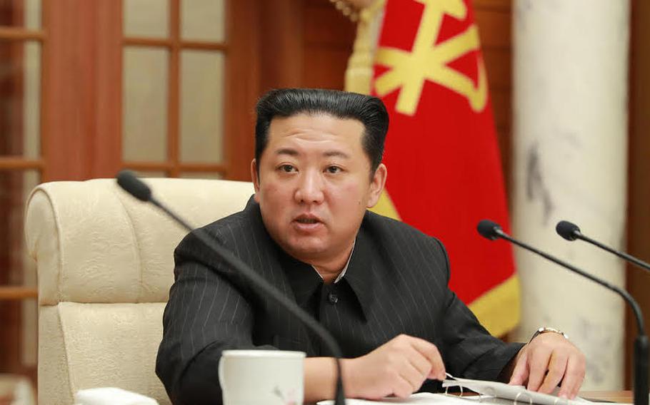 North Korean leader Kim Jong Un attends a meeting of the ruling Workers' Party in Pyongyang, North Korea, on Jan. 20, 2022. 