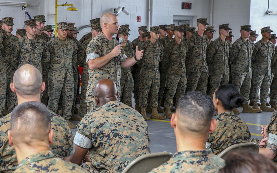 U.S. Marine Corps Lt. Col. Randall White, commanding officer of 2nd Transportation Support Battalion, speaks at a ceremony at  Camp Lejeune, North Carolina, June 3, 2021. 