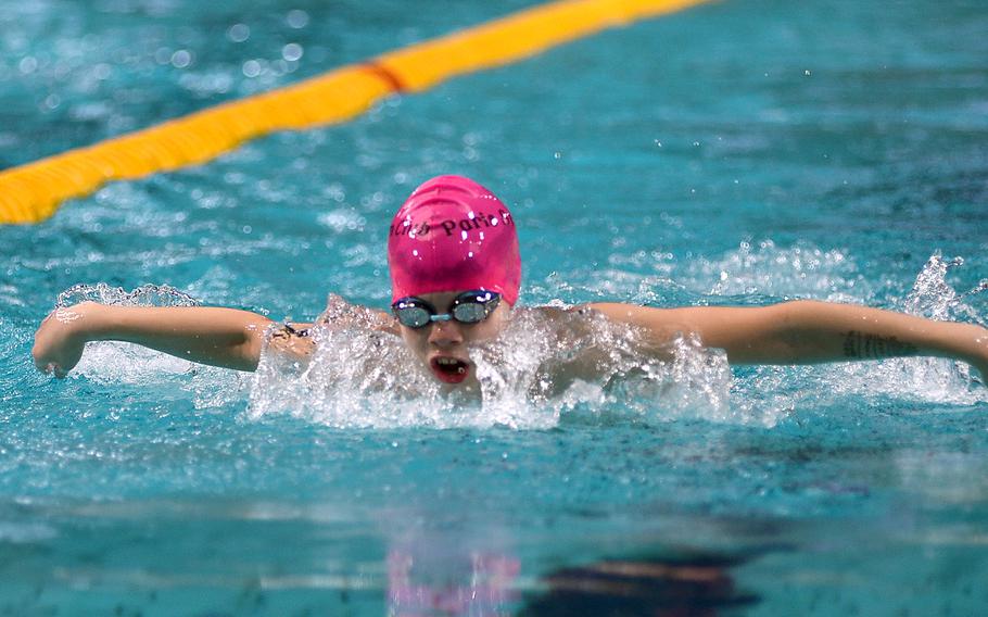 Paris Eau-lympian Chase Charnoubi heads under water in the 10-year-old boys 50-meter butterfly during the European Forces Swim League Short-Distance Championships on Feb. 10, 2024,  at the Pieter van den Hoogenband Zwemstadion at the Nationaal Zwemcentrum de Tongelreep in Eindhoven, Netherlands.