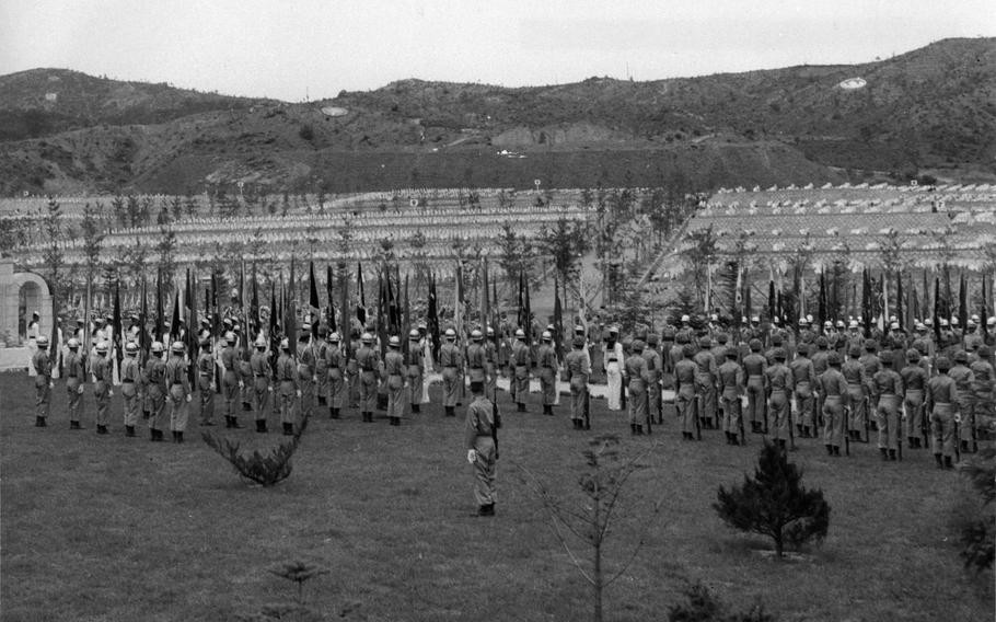 The honor guard stands at attention during ceremonies.