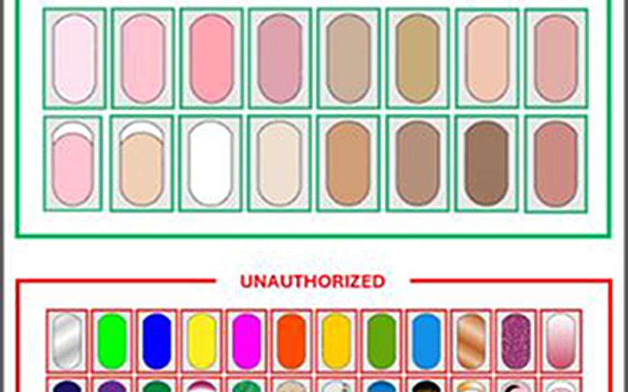 Images of acceptable nail polishes allowed to be worn with the uniform.