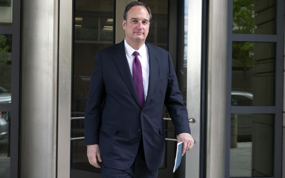 Attorney Michael Sussmann leaves federal court in Washington on April 27, 2022. Sussmann is accused of lying to the FBI, and his trial begins on Monday, May 16, with jury selection.