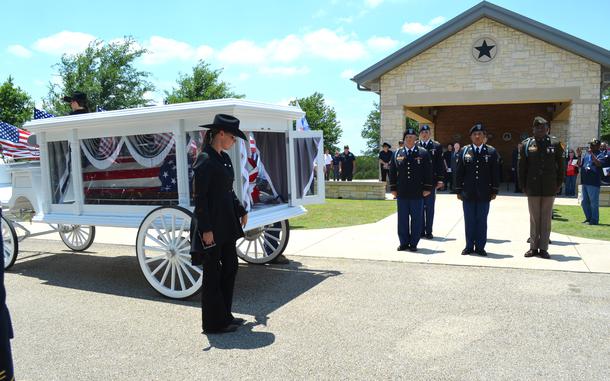 Soldiers prepare to carry the casket of Pvt. Myron Elton Williams at Central Texas State Veterans Cemetery in Killeen, Texas, on June 2, 2023. Williams died in November 1944 during the Battle of Hurtgen Forest in Germany during World War II, but his remains were only identified July 22, 2022. 