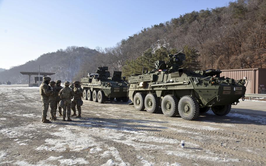 Soldiers from 8th Squadron, 1st Cavalry Regiment, 2nd Stryker Brigade Combat Team prepare for a live-fire exercise at Rodriguez Live Fire Complex in Pocheon, South Korea, Tuesday, Jan. 10, 2023. 