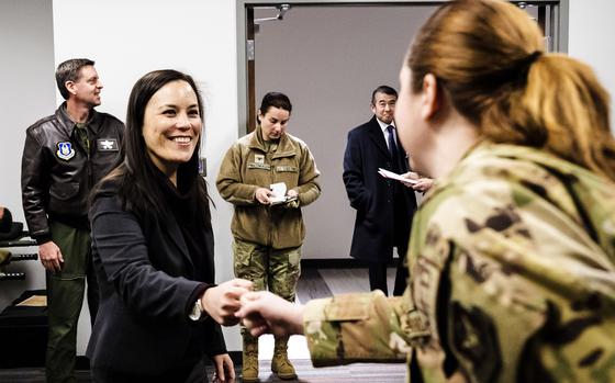 Gina Ortiz Jones, undersecretary of the Air Force, meets with airmen on Jan. 9, 2023, at Wright-Patterson Air Force Base, Ohio. Jones is stepping down from the job, the Air Force announced Feb. 13.