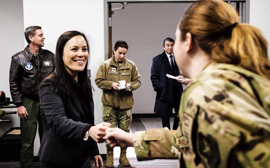 Gina Ortiz Jones, undersecretary of the Air Force, meets with airmen on Jan. 9, 2023, at Wright-Patterson Air Force Base, Ohio. Jones is stepping down from the job, the Air Force announced Feb. 13.