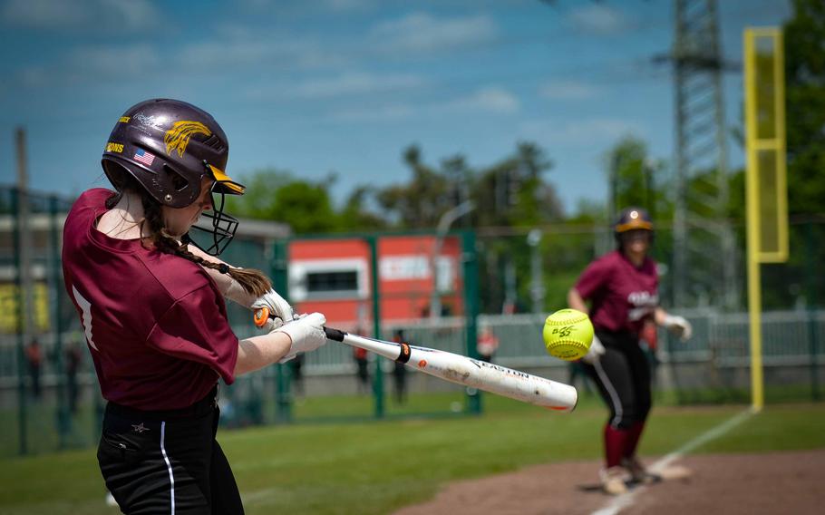 Vilseck’s Ava Bentley bats a ball to the infield during the DODEA-Europe Softball Championships in Kaiserslautern, Germany, May 18, 2023.