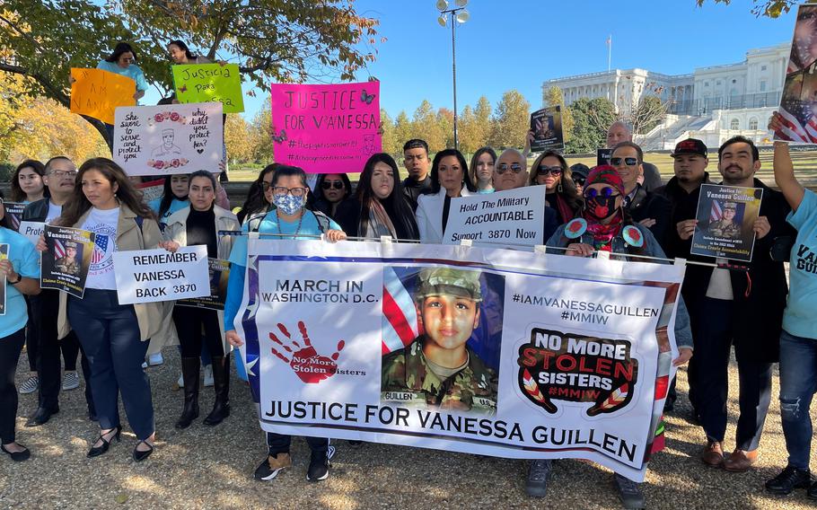 Supporters of military justice reform marched in November in Washington to call for justice for Army Spc. Vanessa Guillen, who was killed at Fort Hood, Texas, in April 2020. More than a dozen military service organizations came together Tuesday to call on Congress to include military justice reform measures in the final version of the 2022 National Defense Authorization Act. 