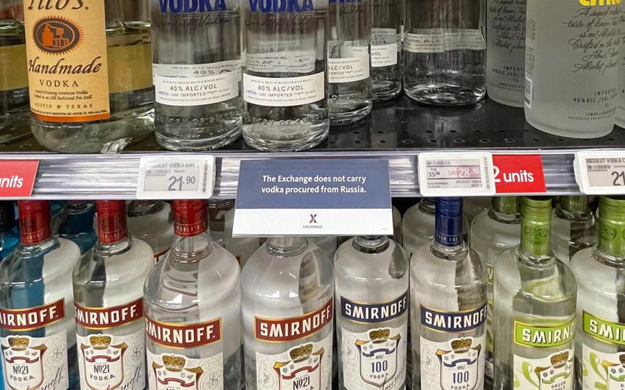 Vodka for sale at an Army and Air Force Exchange Service store on Osan Air Base, South Korea, Thursday, March 3, 2022.