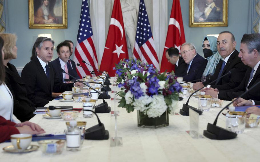 U.S. Secretary of State Antony Blinken and Turkey’s Foreign Minister Mevlut Cavusoglu meet at the State Department in Washington, Wednesday, Jan. 18, 2023.