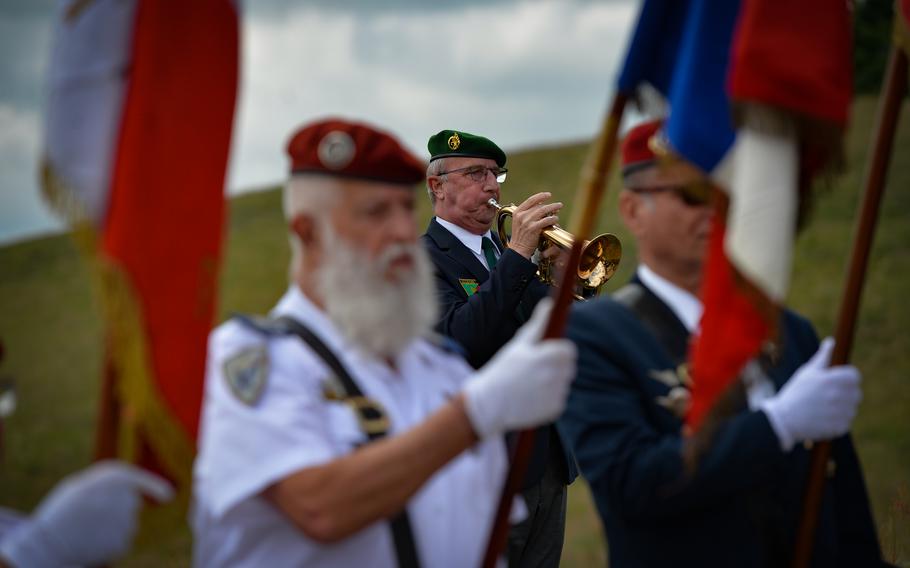 French military and police veterans attend a commemoration ceremony honoring the U.S. contributions to the regional resistance against Nazi Germany, near Berlats, France, May 27, 2022.