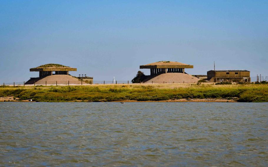 Fortified buildings, seen Aug. 15, 2023, mark the old Orford Ness flight line in Suffolk County, England. During World War II, service members here analyzed the trajectory taken by bombs dropped from planes on their way to the ground.