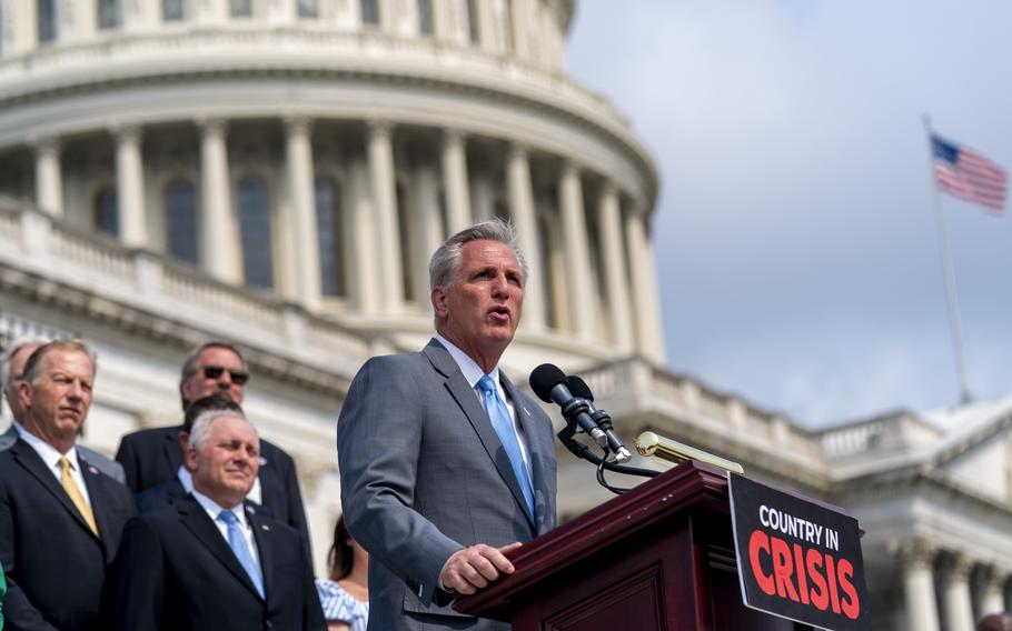 House Minority Leader Kevin McCarthy, R-Calif., speaks at a news conference on the steps of the Capitol in Washington, Thursday, July 29, 2021. 