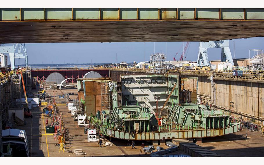 The USS Enterprise CVN 80 is seen in the Newport News Shipbuilding yard on Friday, Aug. 26, 2022 ahead of Saturday’s keel-laying ceremony.