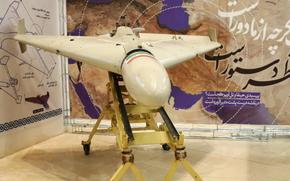 A drone is displayed at a defense exhibition.