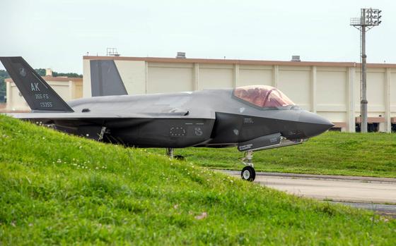 An F-35A Lightning II assigned to the 355th Expeditionary Fighter Squadron at Eielson Air Force Base, Alaska, taxis at Kadena Air Base, Okinawa, May 6, 2025.