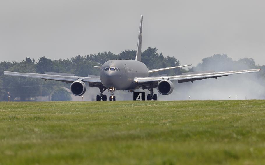 A KC-46A Pegasus lands at Selfridge Air National Guard Base, Mich., on July 30, 2021. 