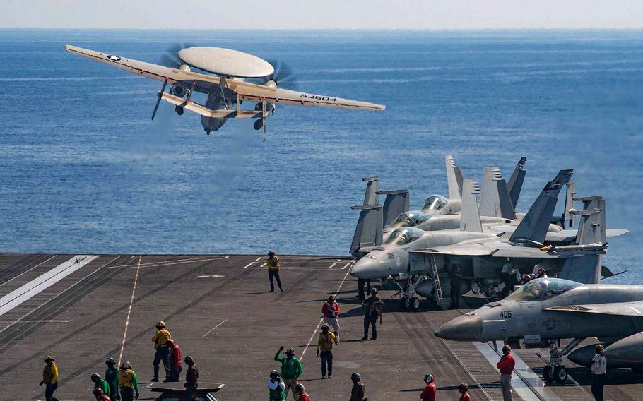An E-2D Hawkeye launches from the flight deck of the aircraft carrier USS Gerald R. Ford in the eastern Mediterranean Sea on Oct. 12, 2023.