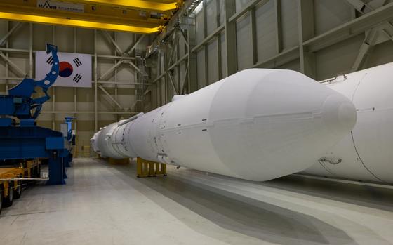 A qualification model of the Nuri space rocket at the Korea Aerospace Research Institute (KARI) Naro Space Center in Goheung, South Korea, on Wednesday, Feb. 8, 2023. MUST CREDIT: Bloomberg photo by SeongJoon Cho