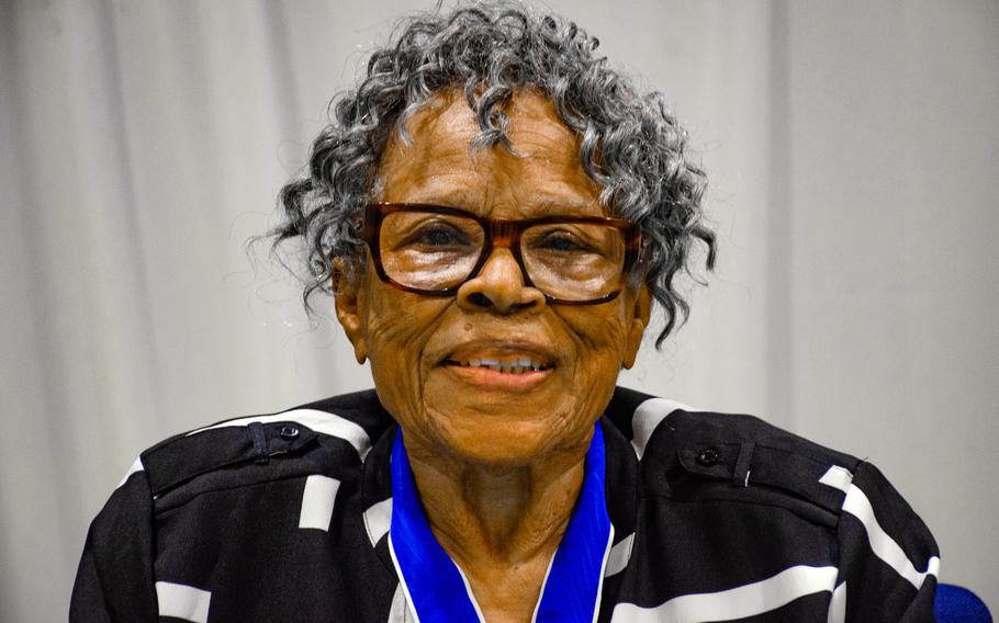 Opal Lee, the "grandmother of Juneteenth," wears her Presidential Medal of Freedom during a visit to Yokosuka Naval Base, Japan, May 20, 2024.